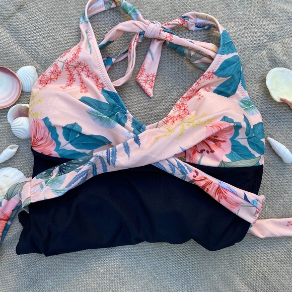Black and Peach Floral Cross Over One Piece Swimsuit with ties - Picture 3 of 13